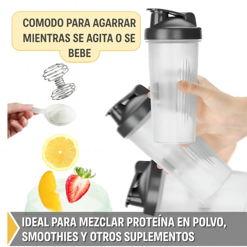 VASO DEPORTIVO SHAKER BIKUL 600ML TRANSPARENTE PARA BATIDO CON TAPA Y ACCESORIOS NEGRO