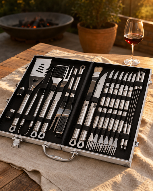Deluxe BBQ Set Metálico 24 Piezas en Maletín de Aluminio