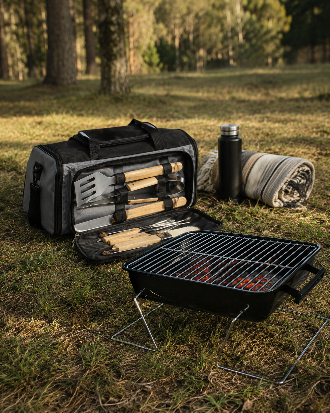 Set Bolso Cooler Parrilla 4 en 1 Con Herramientas BBQ
