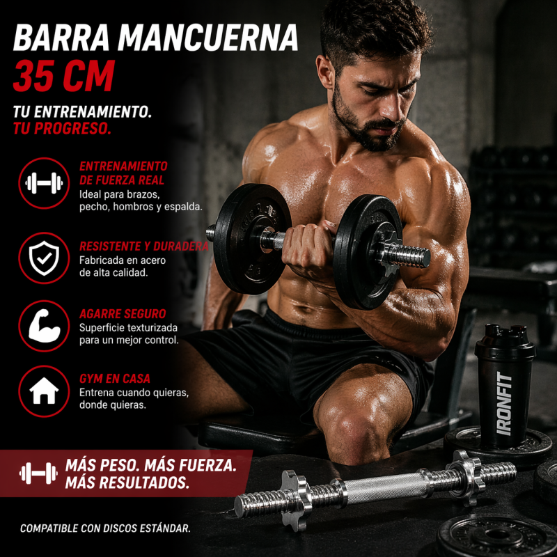 Barra Mancuerna 35 cm de Acero para Entrenamiento de Fuerza