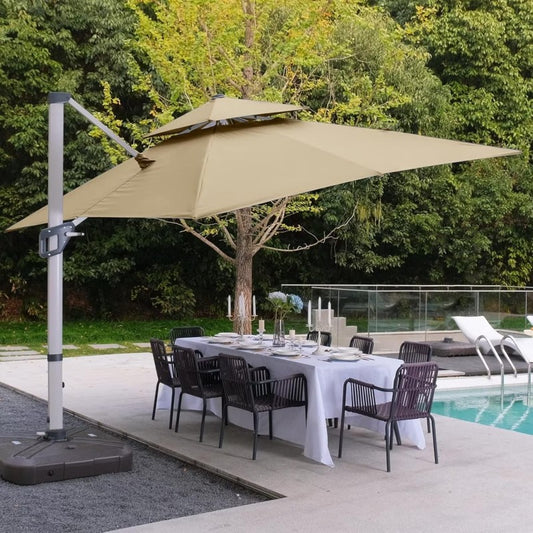 Quitasol Amanda / luz LED / Tela revestimiento PU / Ventilación superior / Color Beige 3 x 3mt+ Base rellenable