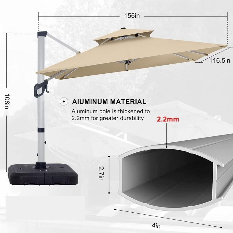 Quitasol Amanda / luz LED / Tela revestimiento PU / Ventilación superior / Color Beige 3 x 3mt+ Base rellenable