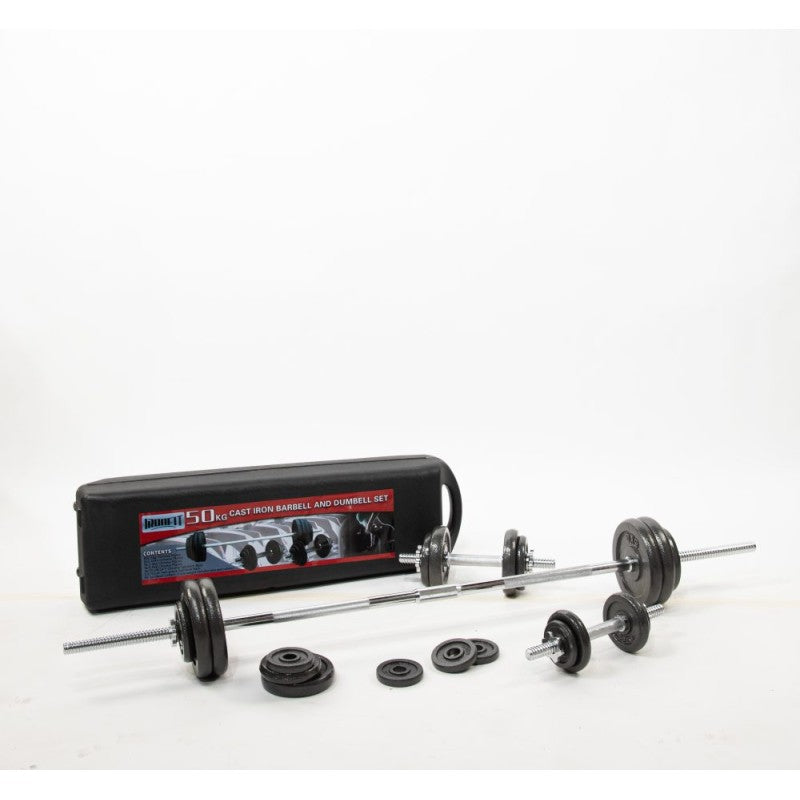 Set de mancuernas y barra 50kg IRONFIT con maleta